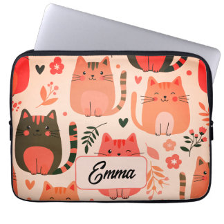Süße Katzen und Blumenmuster individuell monogramm Laptopschutzhülle