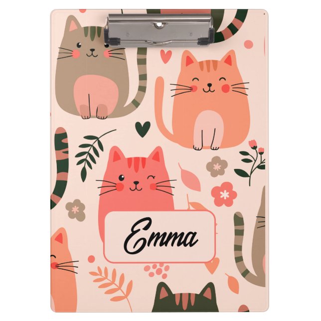 Süße Katzen und Blumenmuster Individuelle Monogram Klemmbrett (Vorderseite)