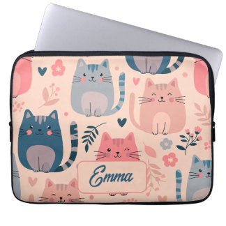 Süße Katzen und florales Muster Individuelles Mono Laptopschutzhülle