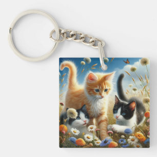 Süße Katzen Wildblumengarten Acryl-Schlüsselanhäng Schlüsselanhänger