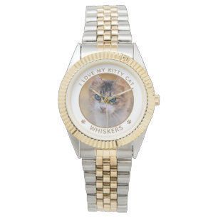 Süße Katzenfoto-Gold-Namen-Pfotenabdrücke Personal Armbanduhr