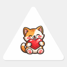 Süße Katzenherz – Kawaii-Katze umarmt rotes Herz, Dreieckiger Aufkleber