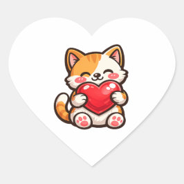 Süße Katzenherz – Kawaii-Katze umarmt rotes Herz, Herz-Aufkleber