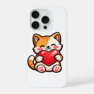 Süße Katzenherz – Kawaii-Katze umarmt rotes Herz, iPhone 15 Pro Hülle