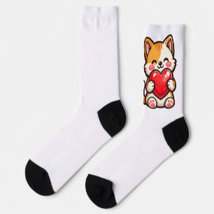 Süße Katzenherz – Kawaii-Katze umarmt rotes Herz, Socken