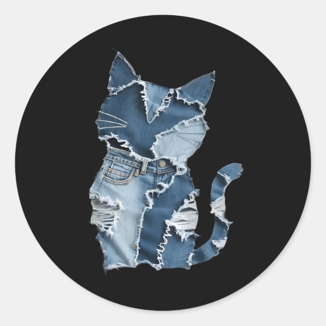 Süße Katzenmuster-Denim-Patchwork-Lustiger Katzenl Runder Aufkleber (Vorderseite)