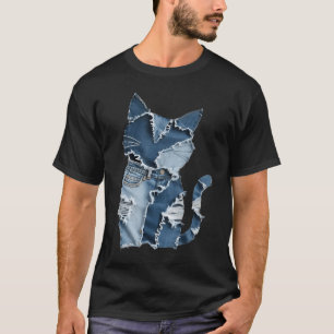 Süße Katzenmuster-Denim-Patchwork-Lustiger Katzenl T-Shirt