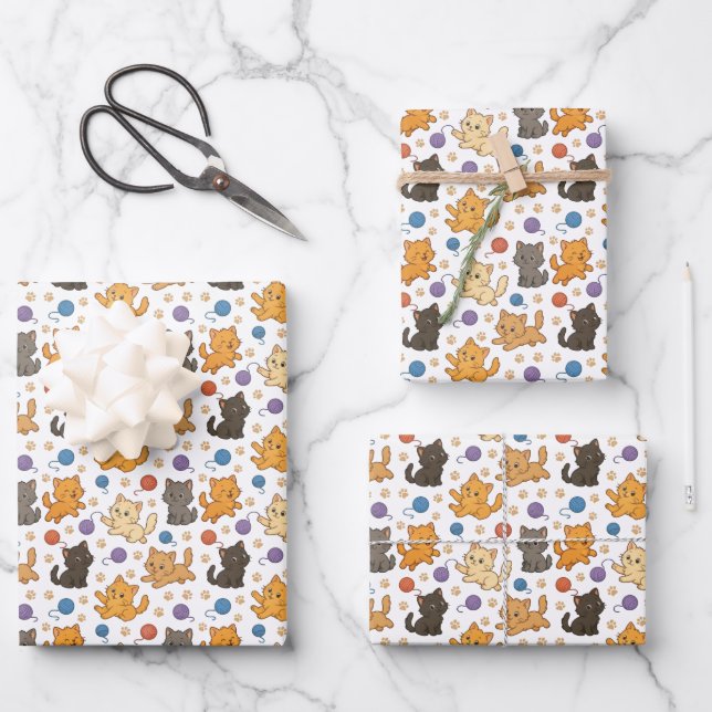 Süße Katzenmuster Geschenkpapier Set (Vorderseite)