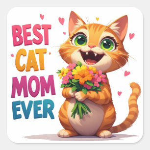 Süße Katzenmutter hält Blumen und Herzen 🐱 Quadratischer Aufkleber