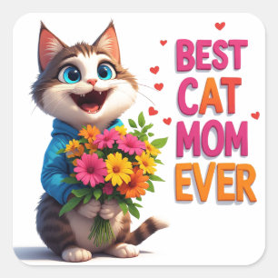 Süße Katzenmutter Kitty Mit Blumenherzen 🐱 Quadratischer Aufkleber