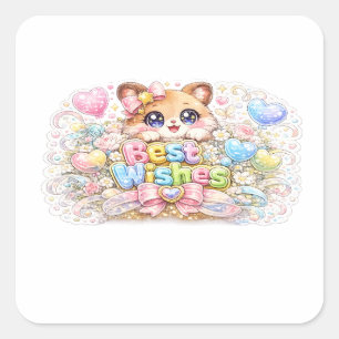 Süße Kawaii Alles Gute Katze Pastell Rosa Floral G Quadratischer Aufkleber