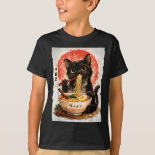 Süße Kawaii Anime-Katze schwarze Katze isst Ramen T-Shirt