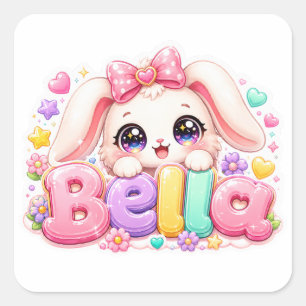 Süße Kawaii Bella Bunny Name Pastell Rosa Floral A Quadratischer Aufkleber