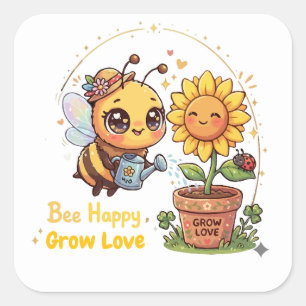 Süße Kawaii-Biene bewässert Sonnenblume Biene Glüc Quadratischer Aufkleber