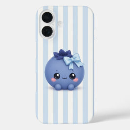 Süße Kawaii Blaubeere auf Blau gestreiftem Handyhü iPhone 16 Hülle