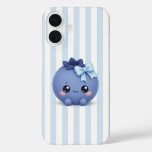 Süße Kawaii Blaubeere auf Blau gestreiftem Handyhü iPhone 16 Hülle