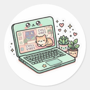 Süße Kawaii Chill Vibes Laptop Katze Topfpflanze A Runder Aufkleber