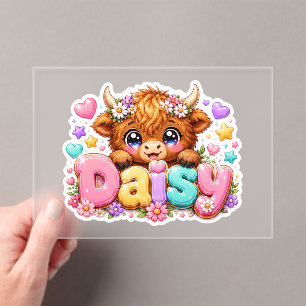 Süße Kawaii Daisy Highland Kuh Name Pastell Rosa F Acryleinladungen
