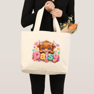 Süße Kawaii Daisy Highland Kuh Name Pastell Rosa F Jumbo Stoffbeutel
