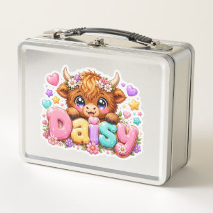 Süße Kawaii Daisy Highland Kuh Name Pastell Rosa F Metall Brotdose