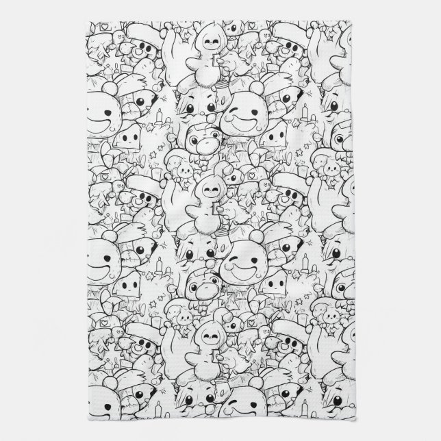 Süße Kawaii-Doodle-Charaktere (1) Geschirrtuch (Vertikal)