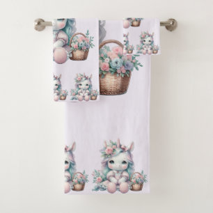 Süße Kawaii-Einhorndoll mit Blumenkorb Badhandtuch Set