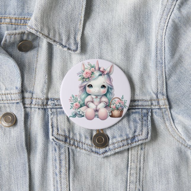 Süße Kawaii-Einhorndoll mit Blumenkorb Button (Beispiel)