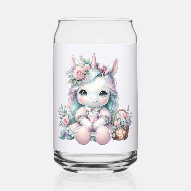 Süße Kawaii-Einhorndoll mit Blumenkorb Dosenglas (Vorderseite)