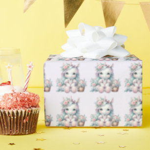 Süße Kawaii-Einhorndoll mit Blumenkorb Geschenkpapier