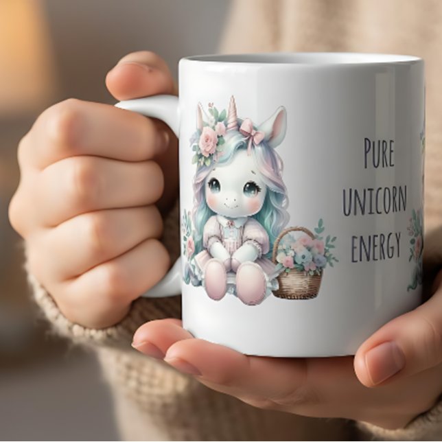 Süße Kawaii-Einhorndoll mit Blumenkorb Kaffeetasse (Pastel Kawaii Unicorn Doll with Flower Basket Coffee Mug)