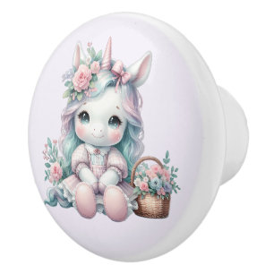 Süße Kawaii-Einhorne-Puppe mit Blumenkorb Keramikknauf