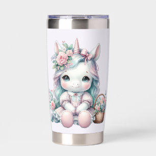 Süße Kawaii-Einhorne-Puppe mit Blumenkorb Thermobecher