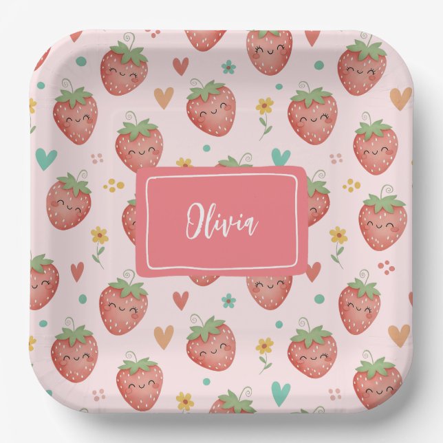 Süße Kawaii Erdbeeren Pappteller (Vorderseite)