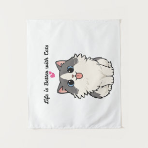 Süße Kawaii Fluffige Katze Chibi Cartoon Illustrat Wandteppich