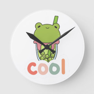Süße Kawaii-Frosch-Blasentee-Typografie-Vektor Runde Wanduhr