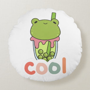 Süße Kawaii-Frosch-Blasentee-Typografie-Vektor Rundes Kissen