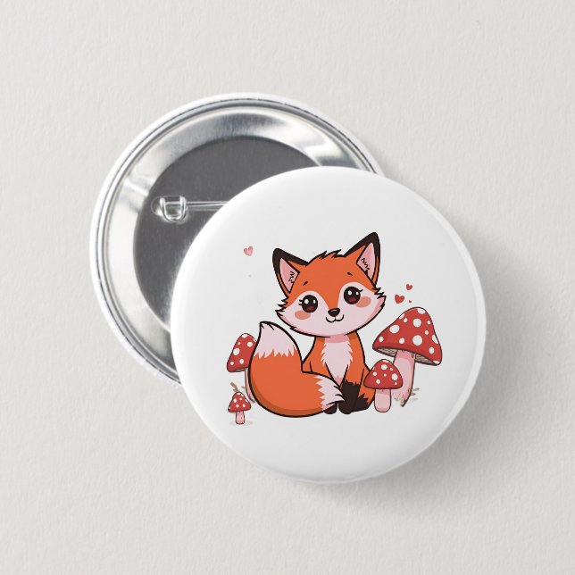 Süße Kawaii-Fuchs mit Pilzen Cartoon-Kunst Button (Vorne & Hinten)