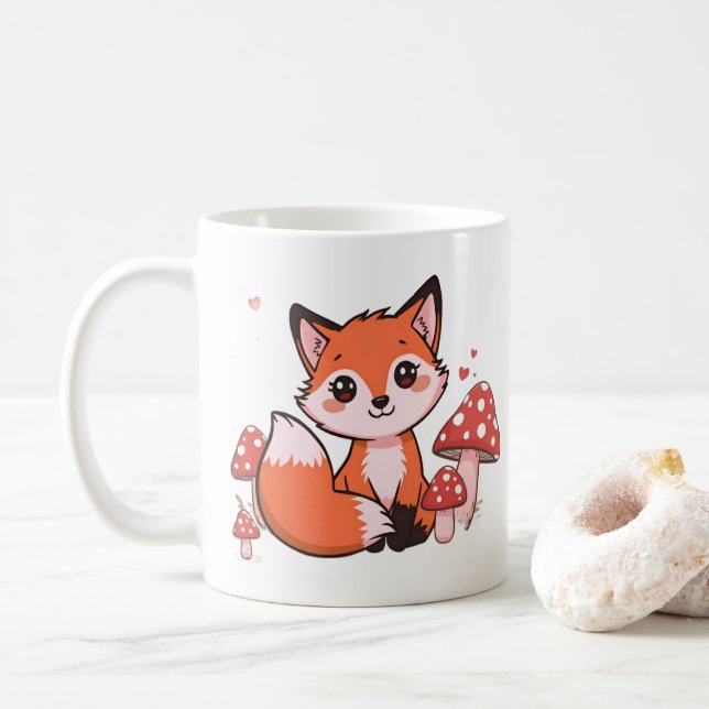 Süße Kawaii-Fuchs mit Pilzen Cartoon-Kunst Kaffeetasse (Mit Donut)