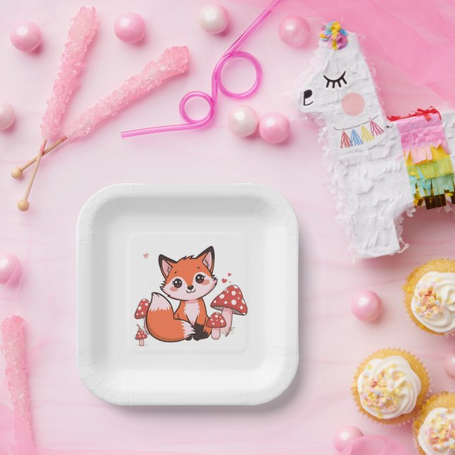 Süße Kawaii-Fuchs mit Pilzen Cartoon-Kunst Pappteller (Party)