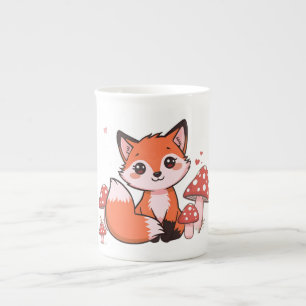Süße Kawaii-Fuchs mit Pilzen Cartoon-Kunst Prozellantasse
