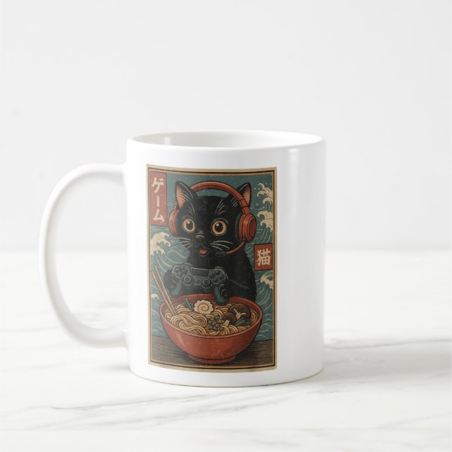 Süße Kawaii-Gamer-Katze Lustige Ramen Retro-Japani Kaffeetasse (Links)
