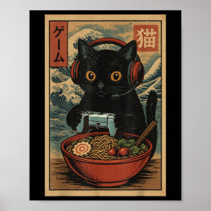 Süße Kawaii-Gamer-Katze Lustige Ramen Retro Japani Poster