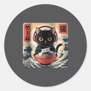 Süße Kawaii-Gamer-Katze Lustige Ramen Retro-Japani Runder Aufkleber