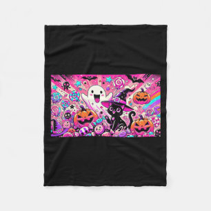 Süße Kawaii-Halloween-Geist- und schwarze Katzenku Fleecedecke