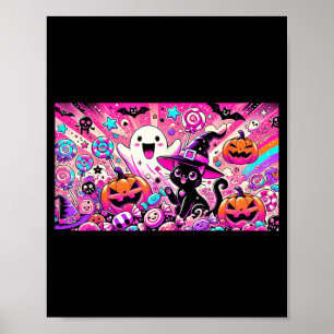 Süße Kawaii-Halloween-Geist- und schwarze Katzenku Poster