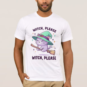 Süße Kawaii Hexe Bitte Katze auf Besen T-Shirt