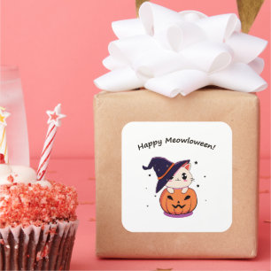 Süße Kawaii Hexenkatze in Halloween-Kürbis Quadratischer Aufkleber