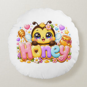 Süße Kawaii Honigbiene Name Pastellrosa Funkelnd B Rundes Kissen