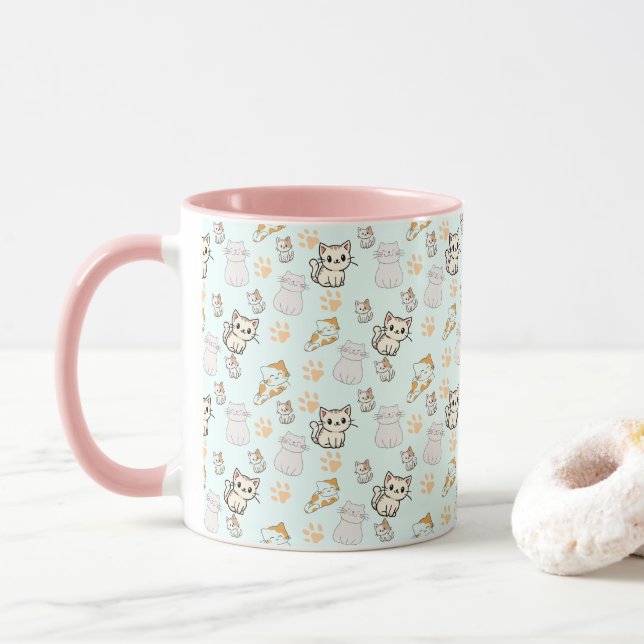 Süße Kawaii-Kätzchen & Pfoten Muster Kaffeetasse  (Mit Donut)