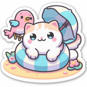 Süße kawaii Katze am Strand Aufkleber